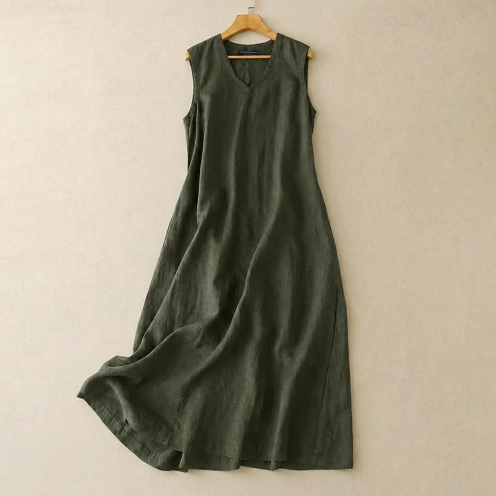 V-Neck Cotton Linen Maxi Dress - Green - 5XL - image 0