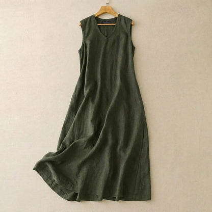 V-Neck Cotton Linen Maxi Dress - Green - 5XL - image 0
