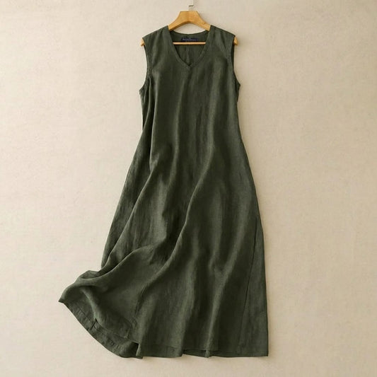 V-Neck Cotton Linen Maxi Dress - Green - 5XL - image 0