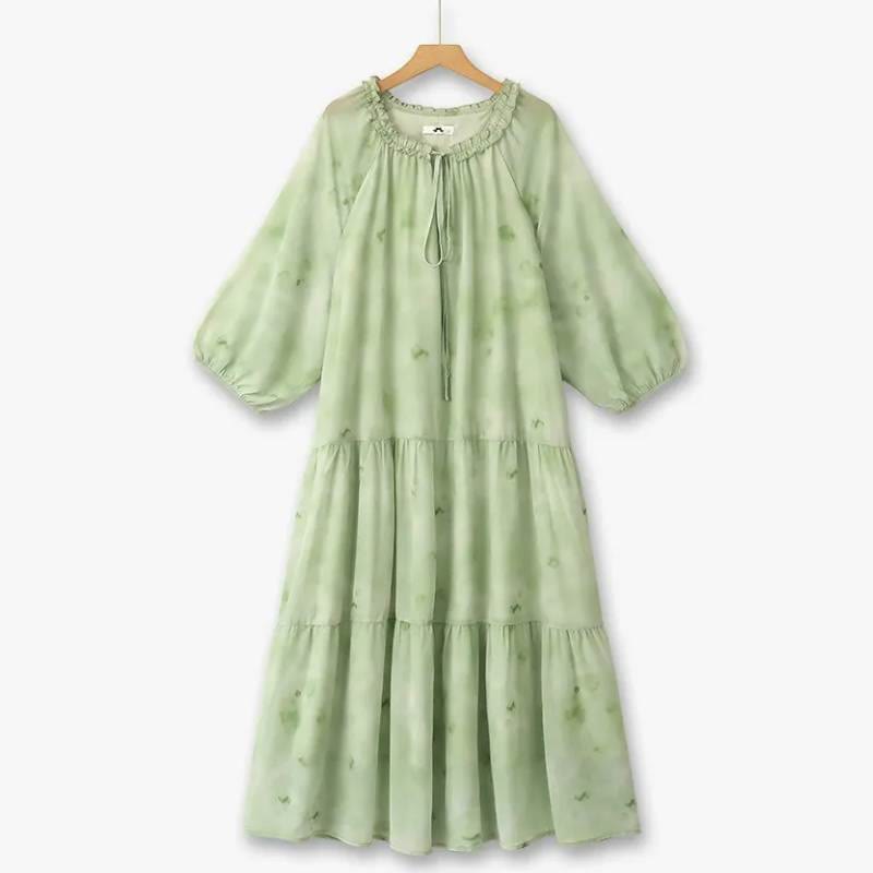 Romantic Tie Neck Ruffle Maxi Dress - Green - 6XL - image 0