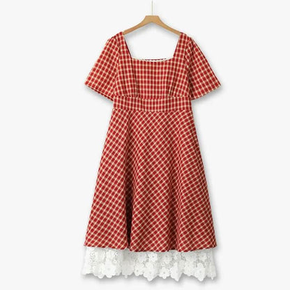 Vintage Gingham Lace Maxi Dress - Red - 6XL - image 0