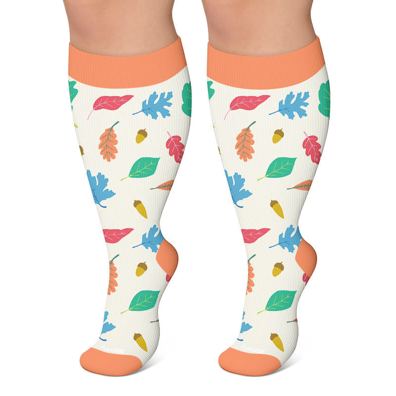 Plus Size Floral Autumn Leaf Compression Socks - Orange - 4XL - image 5