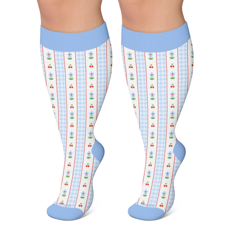 Plus Size Floral Stripe Compression Socks - Blue - 4XL - image 6