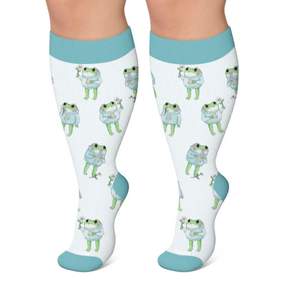 Plus Size Cartoon Frog Print Compression Socks - Blue - 4XL - image 6