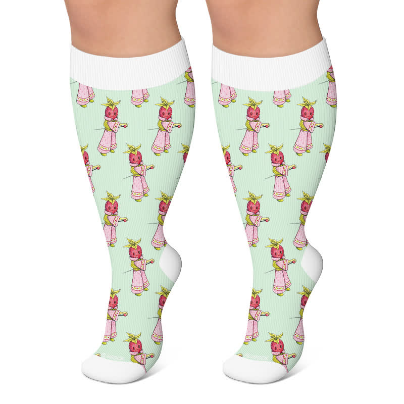 Plus Size Strawberry Kitty Garden Compression Socks - Green - 4XL - image 5