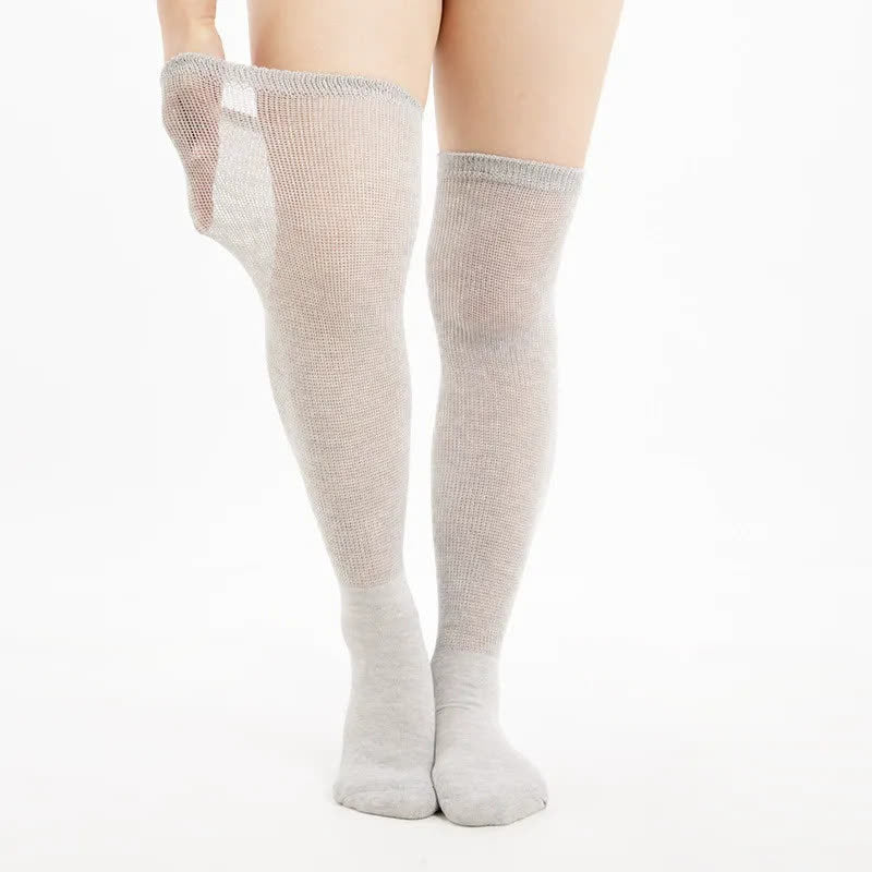 Semi Sheer Mesh Knit Thigh High Socks - Grey - EU37-42(US4-8.5) - image 2