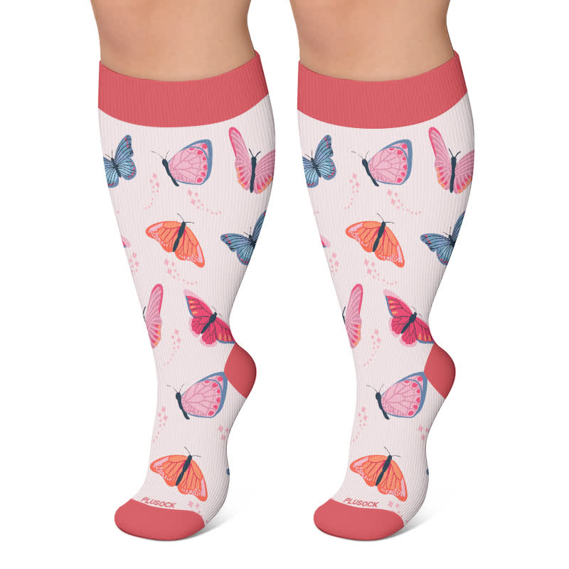 Plus Size Butterfly Meadow Printed Compression Socks - Pink - 4XL - image 5
