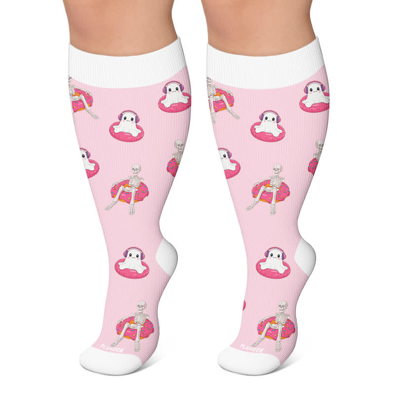 Plus Size Fun Skeleton Ghost Compression Socks - Pink - 4XL - image 4