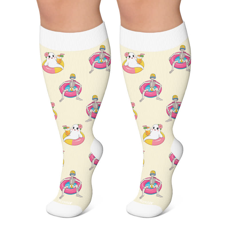 Plus Size Fun Skeleton Ghost Compression Socks - Yellow - 4XL - image 5