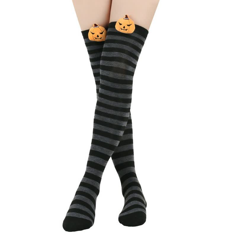 Halloween Pumpkin Thigh High Socks (3 Pairs) - Grey - One Size - image 3