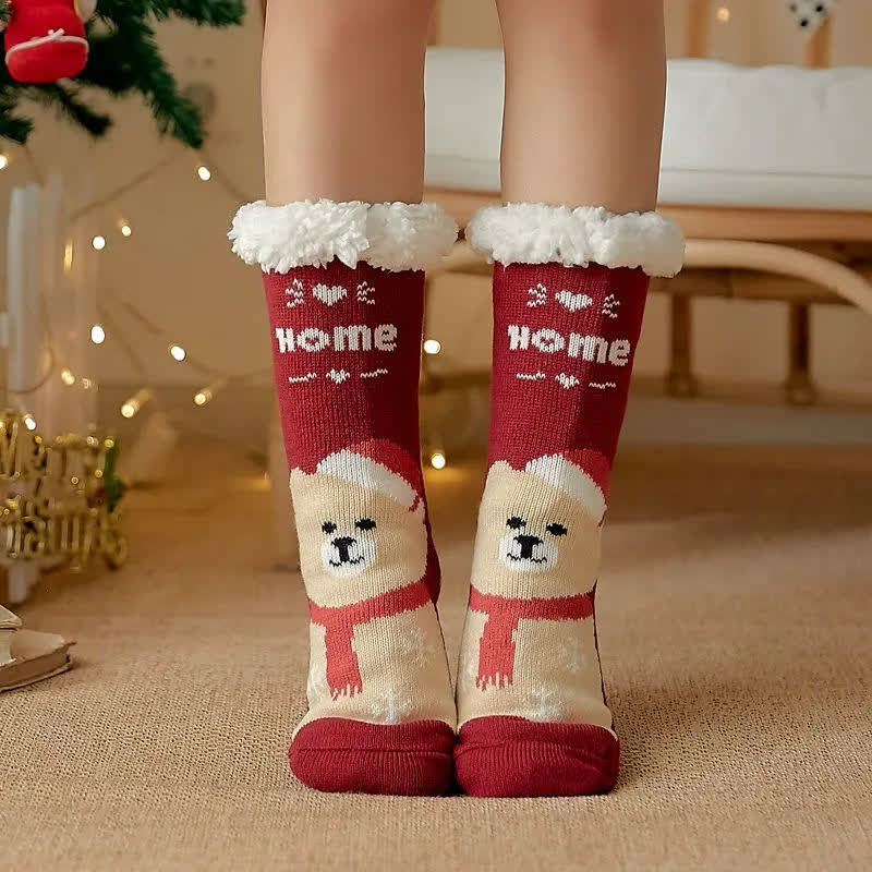 Christmas Bear Cozy Sherpa Cuff Home Slipper Socks - Wine+Red - EU35-42(US2-8) - image 0