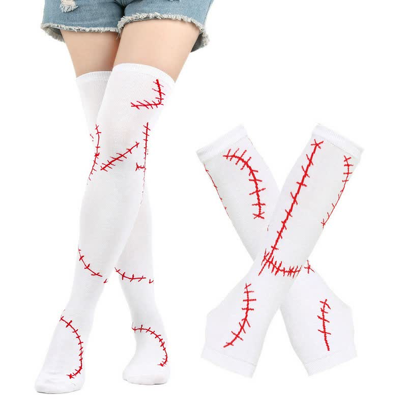 Stitched Print Thigh High Socks With Gloves Set - Red (Socks with Gloves) - EU36-43 (US3-9) - image 1