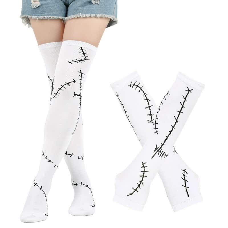 Stitched Print Thigh High Socks With Gloves Set - Black (Socks with Gloves) - EU36-43 (US3-9) - image 2