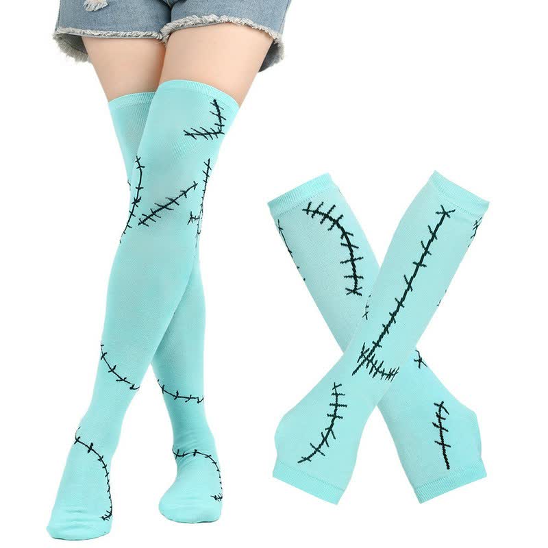 Stitched Print Thigh High Socks With Gloves Set - Sky Blue (Socks with Gloves) - EU36-43 (US3-9) - image 0