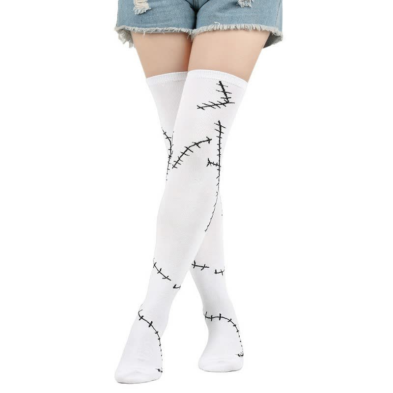 Stitched Print Thigh High Socks (3 Pairs) - Black - EU36-43 (US3-9) - image 2