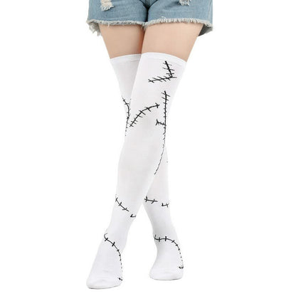 Stitched Print Thigh High Socks (3 Pairs) - Black - EU36-43 (US3-9) - image 2