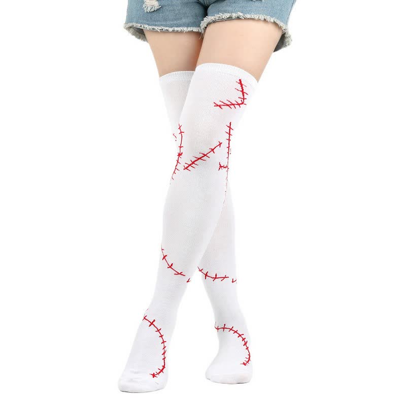 Stitched Print Thigh High Socks (3 Pairs) - Red - EU36-43 (US3-9) - image 0