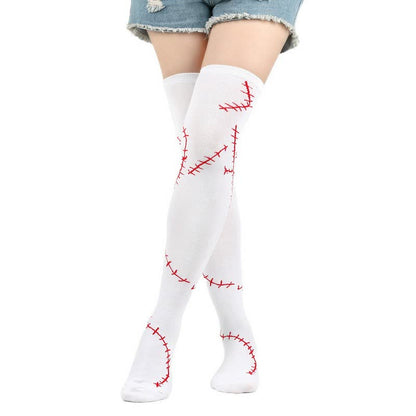 Stitched Print Thigh High Socks (3 Pairs) - Red - EU36-43 (US3-9) - image 0