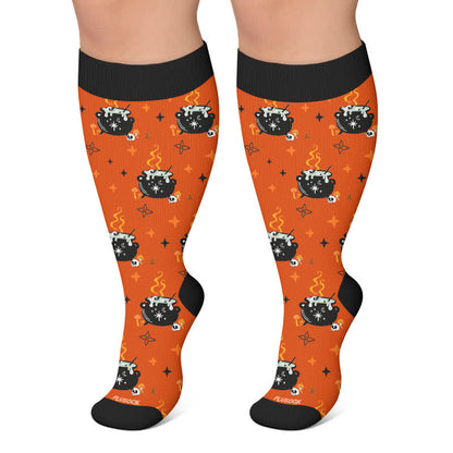 Plus Size Ghost Witch Black Cat Compression Socks - Orange - 4XL - image 6