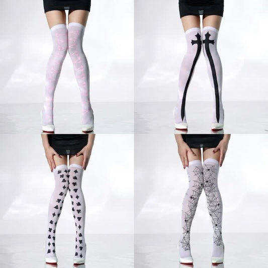 Halloween Sheer White Thigh High Socks (4 Pairs) - A+B+C+D - EU36-43 (US3-9) - image 0