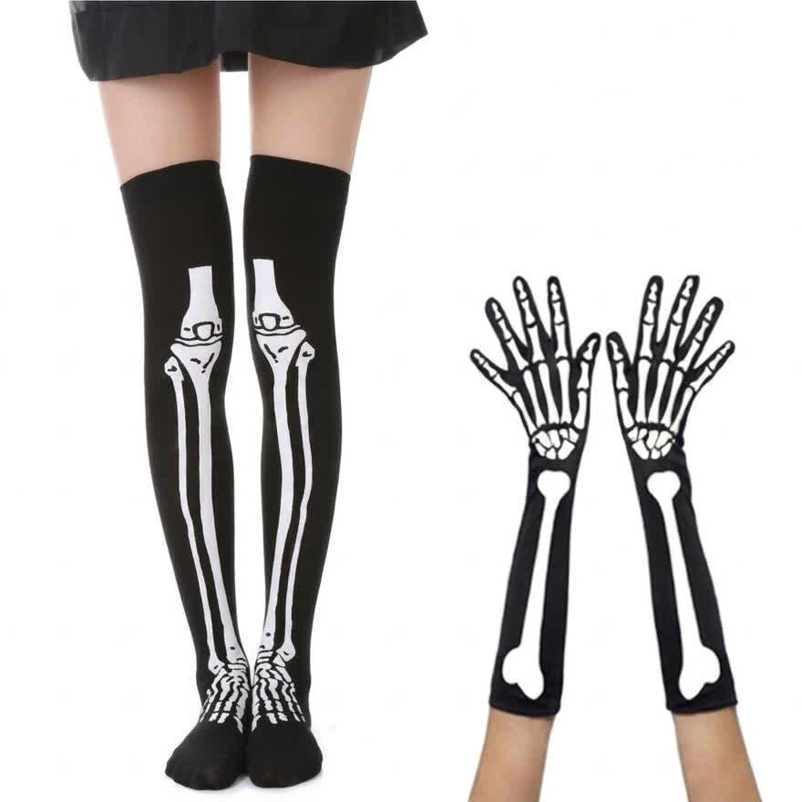 Halloween Skeleton Thigh Socks And Gloves Matching Set - Middle Set - EU36-43 (US3-9) - image 1