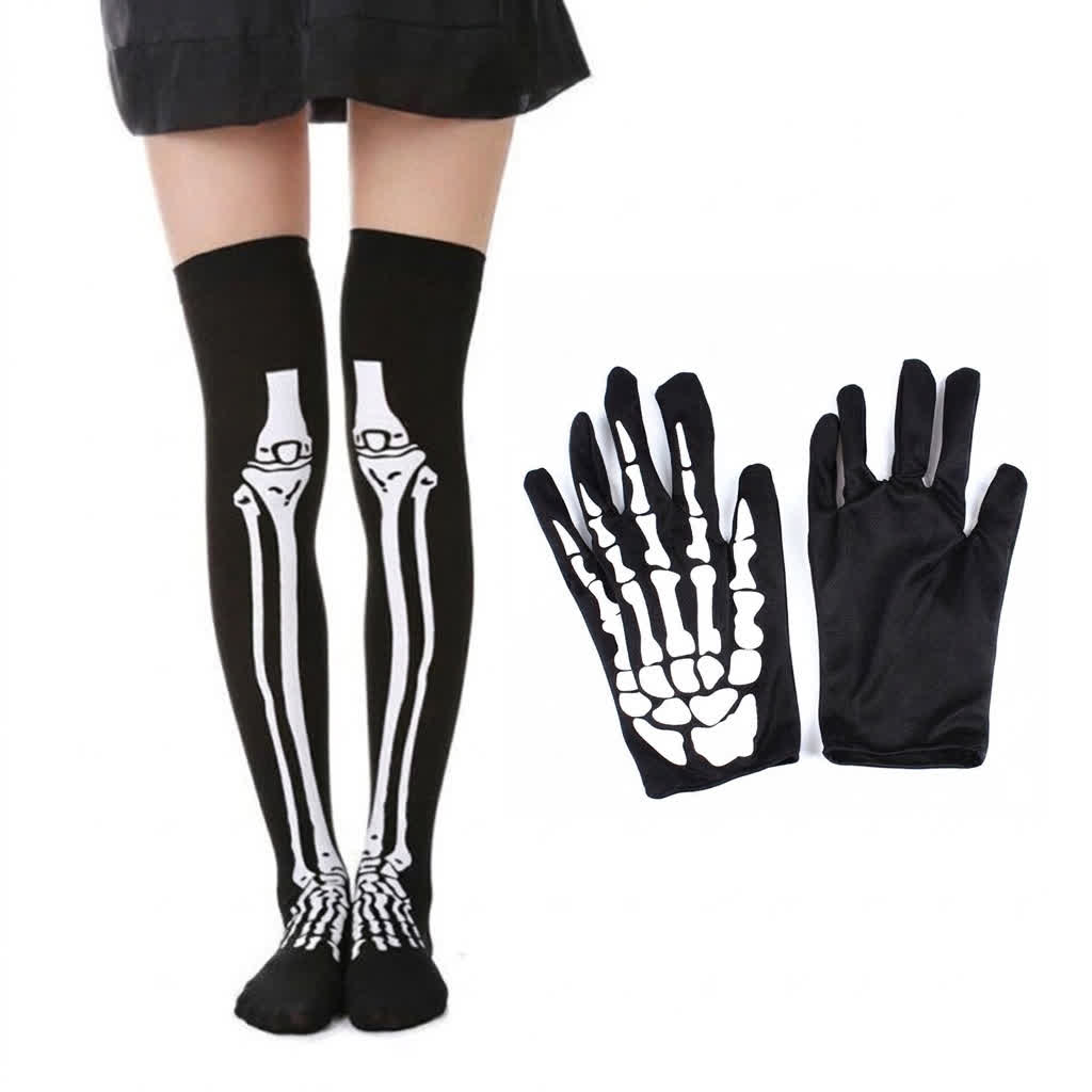 Halloween Skeleton Thigh Socks And Gloves Matching Set - Short Set - EU36-43 (US3-9) - image 0