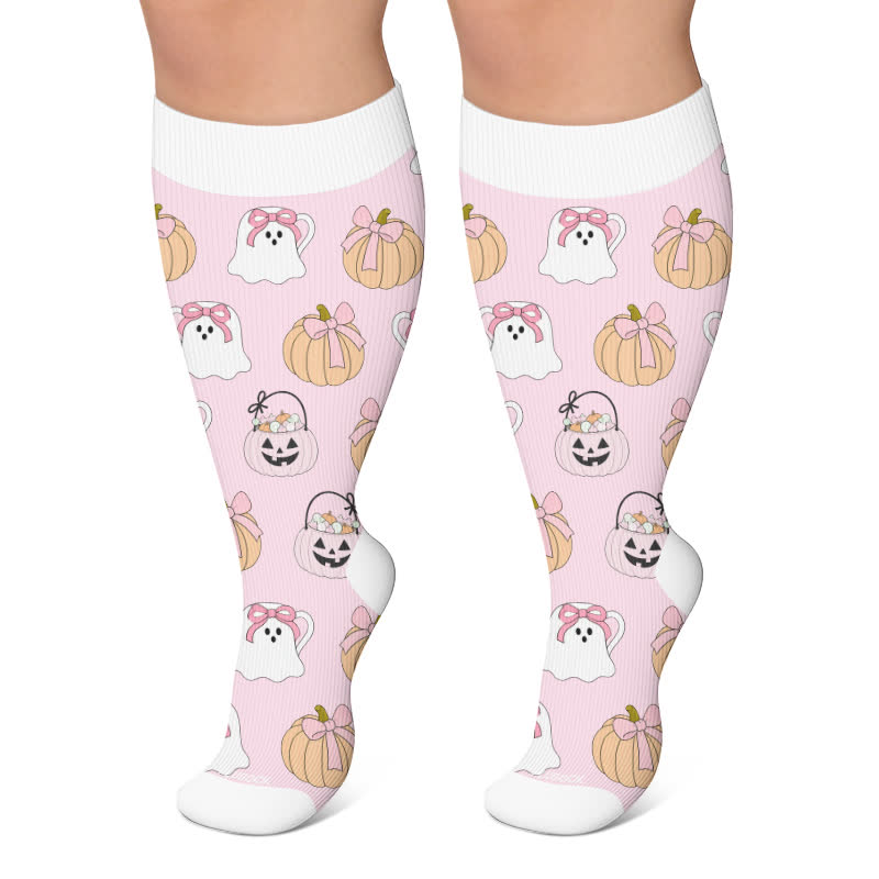 Plus Size Pink Ghost Skull Compression Socks - Pink - 4XL - image 5
