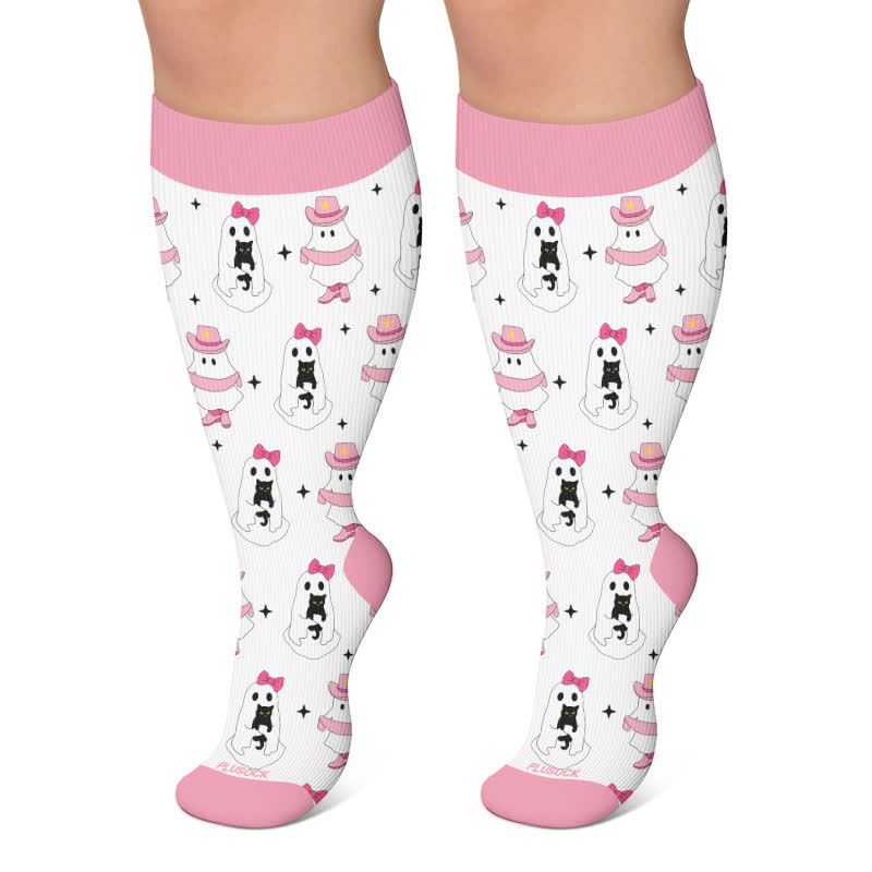 Plus Size Pink Ghost Skull Compression Socks - White - 4XL - image 4