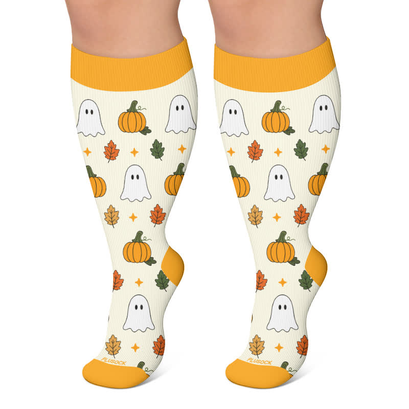 Plus Size Autumn Pumpkin Ghost Compression Socks - Beige - 4XL - image 4