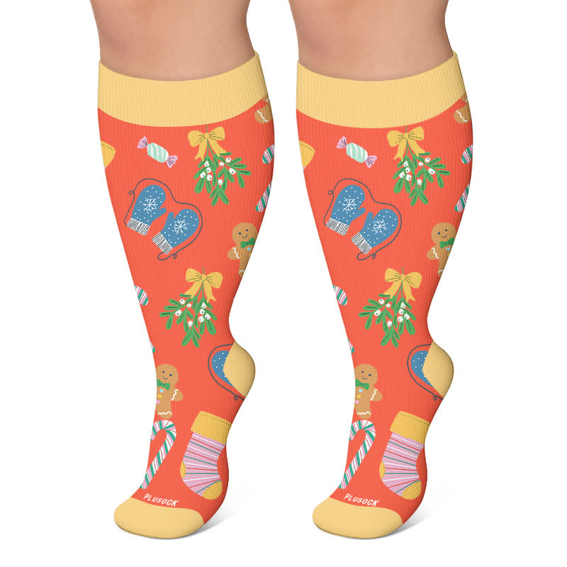 Plus Size Christmas Candy Cane Compression Socks - Orange - 4XL - image 5