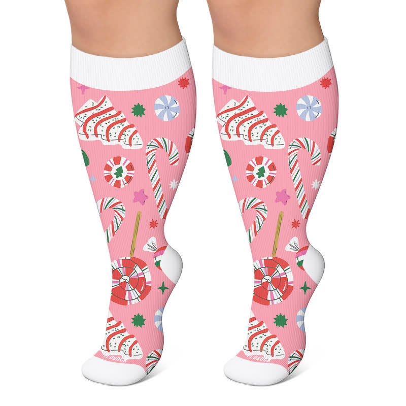Plus Size Christmas Candy Cane Compression Socks - Pink - 4XL - image 4