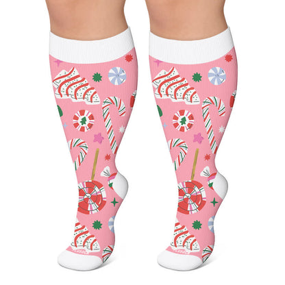 Plus Size Christmas Candy Cane Compression Socks - Pink - 4XL - image 4
