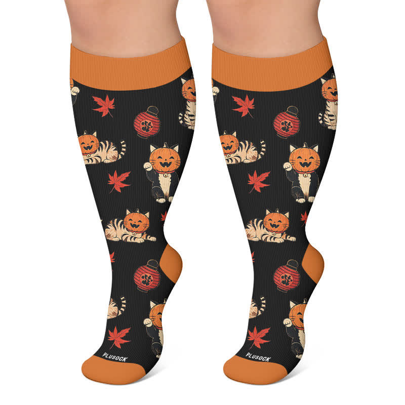Plus Size Pumpkin Cat Compression Socks - Black - 4XL - image 4