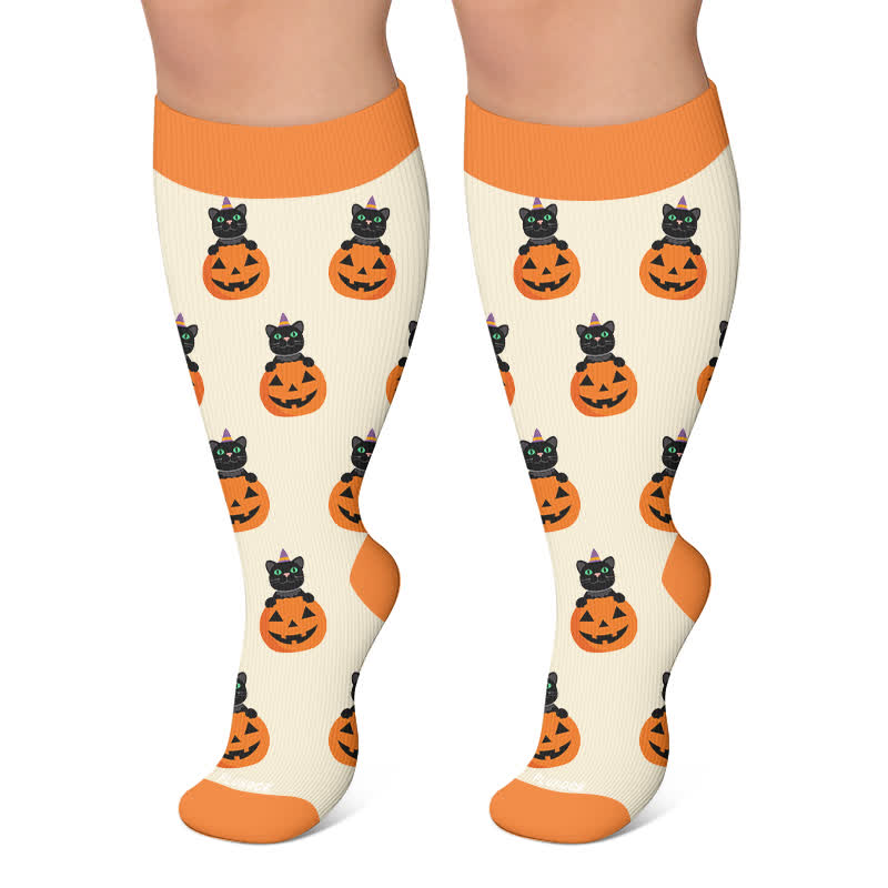 Plus Size Pumpkin Cat Compression Socks - Beige - 4XL - image 6