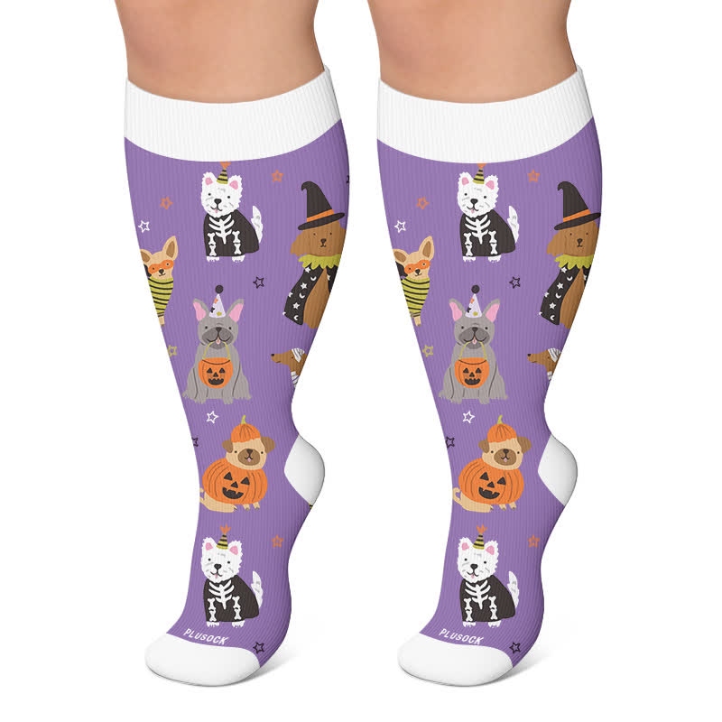 Plus Size Spooky Cats Compression Socks - Purple - 4XL - image 4