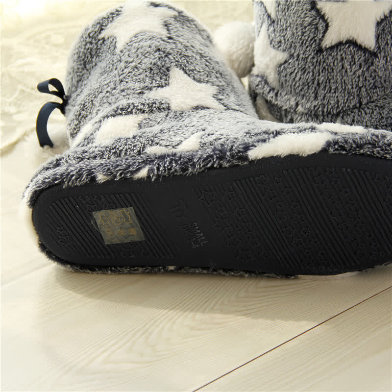 Pink Star Pattern Pom-Pom Fleece Slipper Socks - image 5