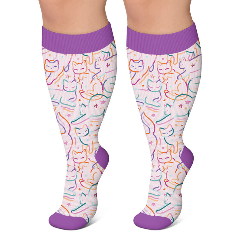 Plus Size Moonlit Kitty Compression Socks - Purple - 4XL - image 6
