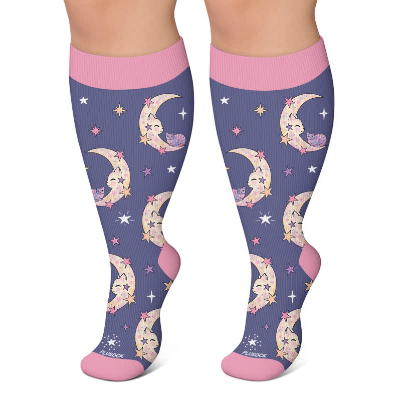 Plus Size Moonlit Kitty Compression Socks - Blue - 4XL - image 4