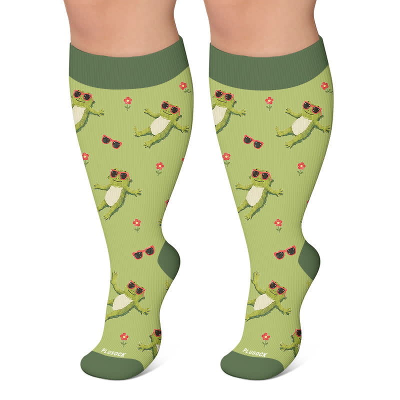Plus Size Lazy Frog Cat Compression Socks - Green - 4XL - image 7