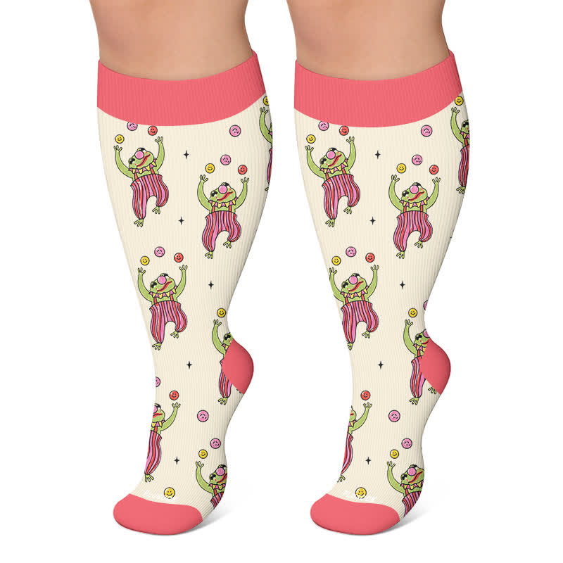 Plus Size Funny Frog Print Compression Socks - Beige - 4XL - image 4