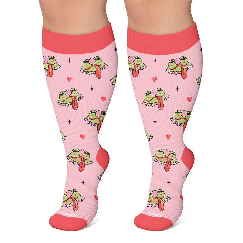 Plus Size Funny Frog Print Compression Socks - Pink - 4XL - image 5