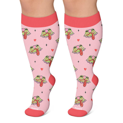 Plus Size Funny Frog Print Compression Socks - Pink - 4XL - image 5
