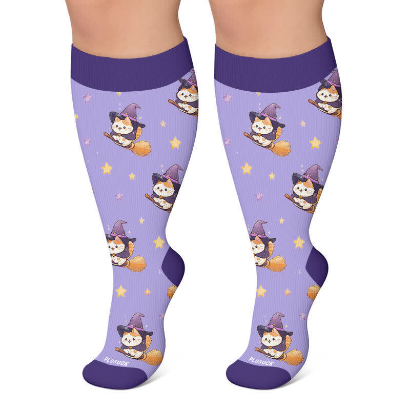 Plus Size Crow Witch CatCompression Socks - Purple - 4XL - image 6