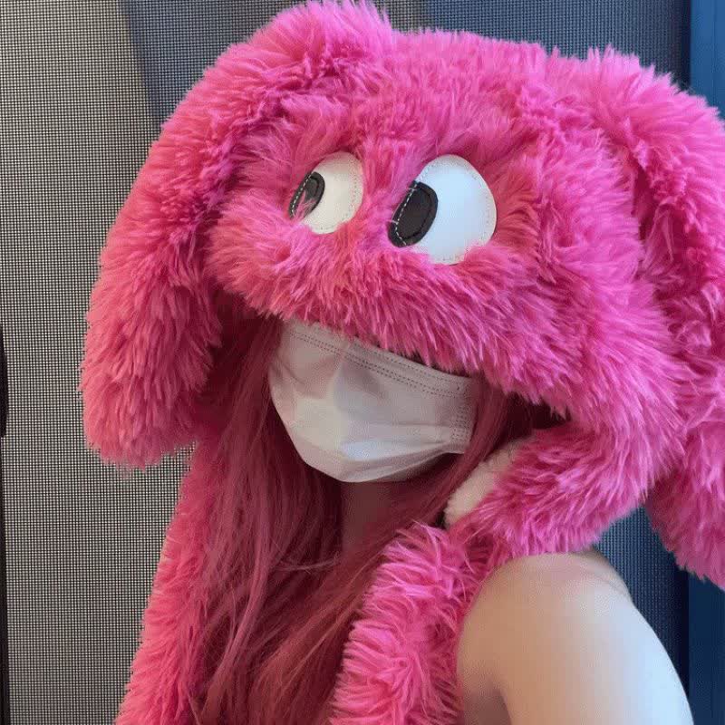 Hot Pink Cute Cartoon Big Eyes Plush Hat - Rose - One Size - image 0