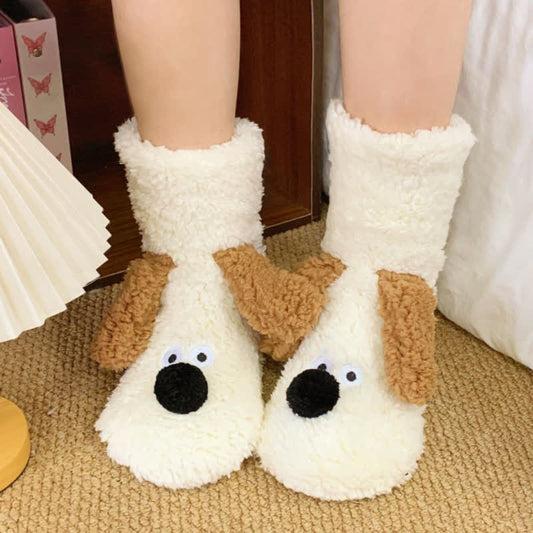 Khaki Googly-Eye Puppy Cartoon Slipper Socks(2 Pairs) - Beige - EU36-42(US3-8) - image 0