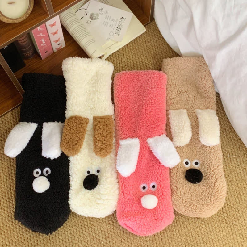Khaki Googly-Eye Puppy Cartoon Slipper Socks - image 1