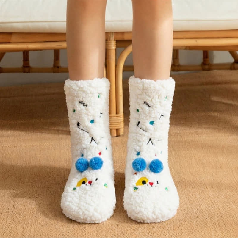 Pink Green Pom-Pom Cartoon Animal Slipper Socks - White - EU36-42(US3-8) - image 4