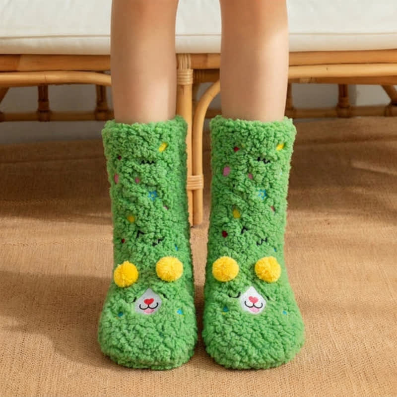 Pink Green Pom-Pom Cartoon Animal Slipper Socks - Green - EU36-42(US3-8) - image 2