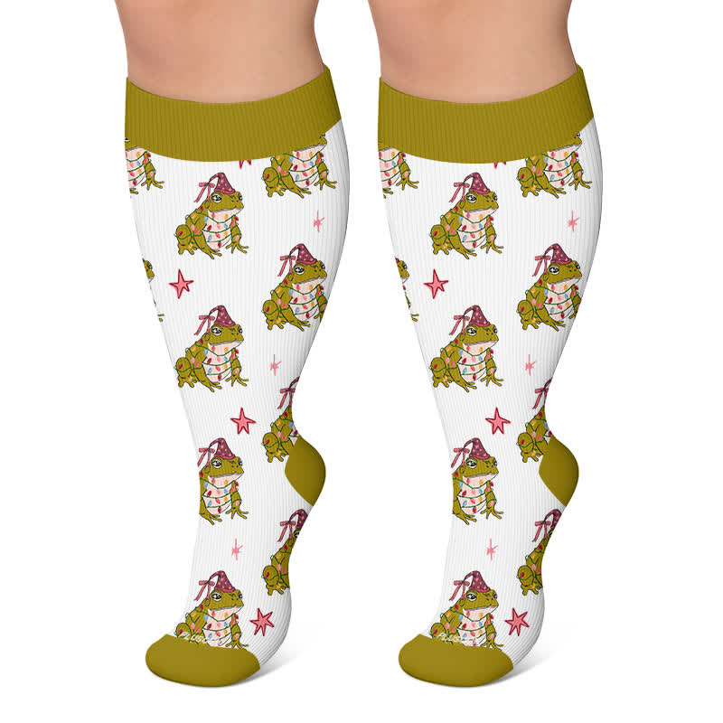 Plus Size Christmas Frog Mouse Compression Socks - Green - 4XL - image 6