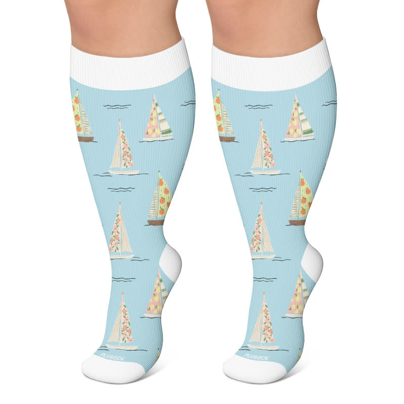 Plus SizeSailboat Nutcracker Compression Socks - Blue - 4XL - image 4